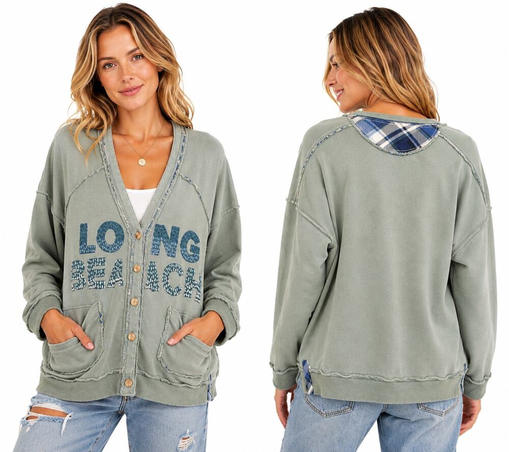 Pilcro Anthropologie Long Beach Graphic Cardigan Green Oversized Sweatshirt Med